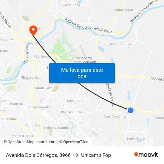 Avenida Dois Córregos, 3966 to Unicamp Fop map