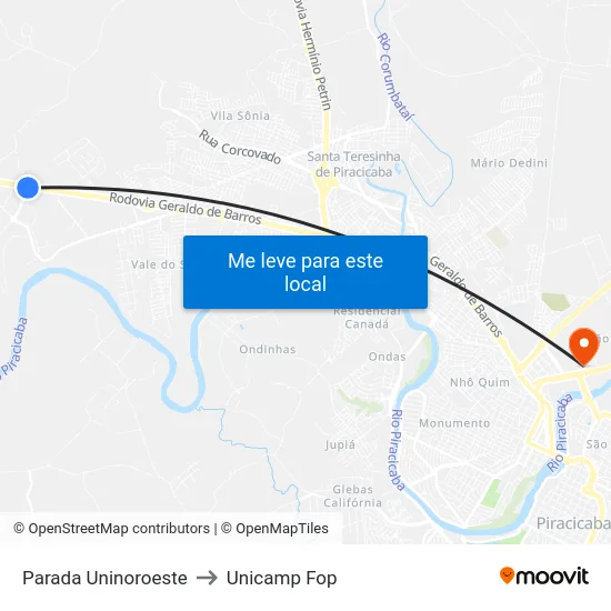 Parada Uninoroeste to Unicamp Fop map