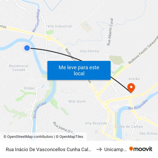 Rua Inácio De Vasconcellos Cunha Caldeira, 72-140 to Unicamp Fop map