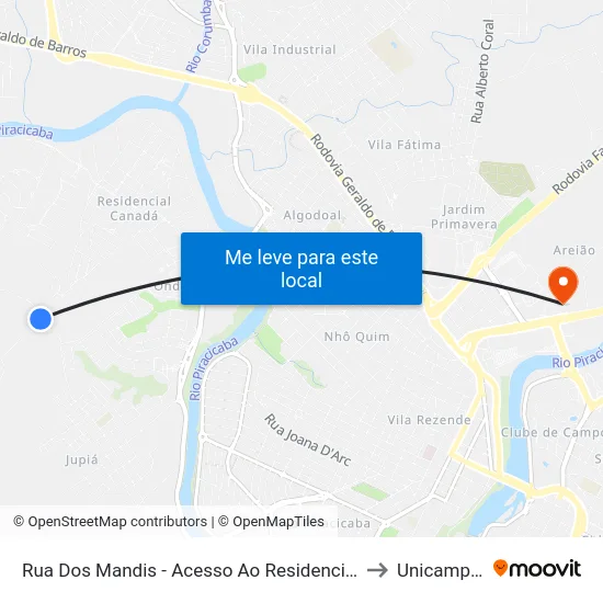 Rua Dos Mandis - Acesso Ao Residencial Paineiras to Unicamp Fop map