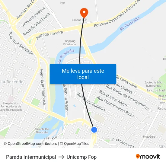 Parada Intermunicipal to Unicamp Fop map