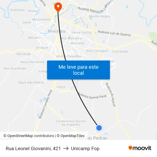 Rua Leonel Giovanini, 421 to Unicamp Fop map