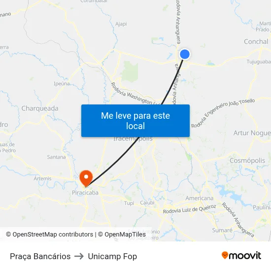 Praça Bancários to Unicamp Fop map