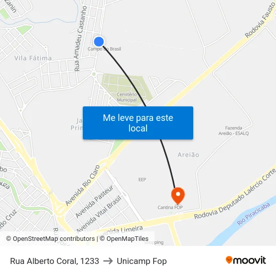 Rua Alberto Coral, 1233 to Unicamp Fop map
