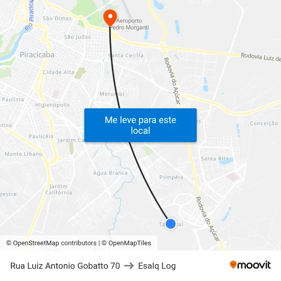 Rua Luiz Antonio Gobatto 70 to Esalq Log map