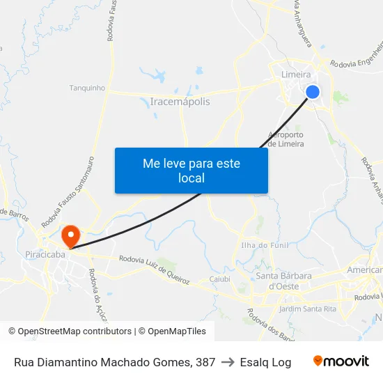 Rua Diamantino Machado Gomes, 387 to Esalq Log map