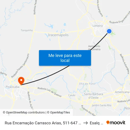 Rua Encarnação Carrasco Arias, 511-647  (Rapidão) to Esalq Log map