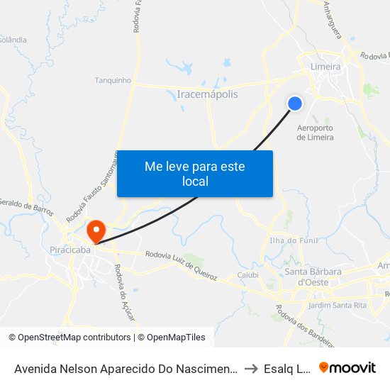 Avenida Nelson Aparecido Do Nascimento, 1 to Esalq Log map