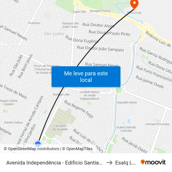 Avenida  Independência - Edifício Santiago to Esalq Log map