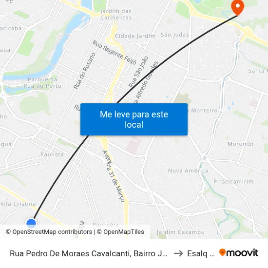 Rua Pedro De Moraes Cavalcanti, Bairro Jardim Tatuapé to Esalq Log map