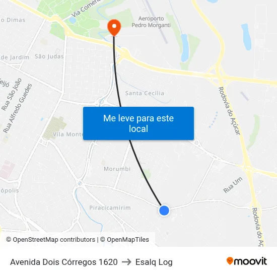 Avenida Dois Córregos 1620 to Esalq Log map