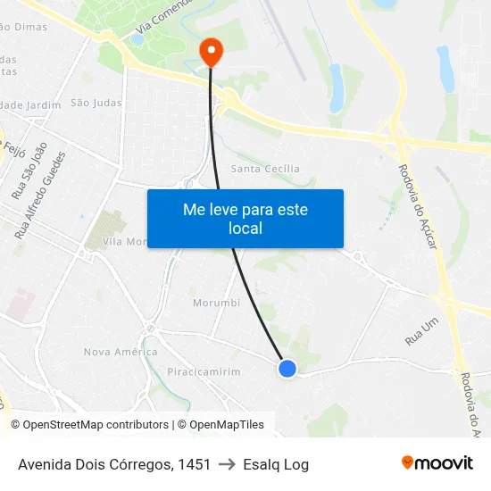 Avenida Dois Córregos, 1451 to Esalq Log map