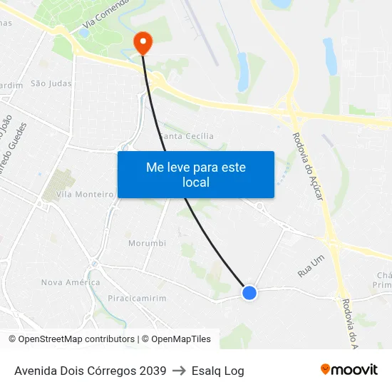 Avenida Dois Córregos 2039 to Esalq Log map