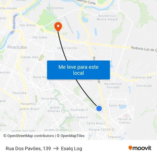 Rua Dos Pavões, 139 to Esalq Log map
