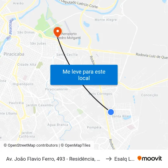 Av. João Flavio Ferro, 493 - Residência, Nº 493 to Esalq Log map