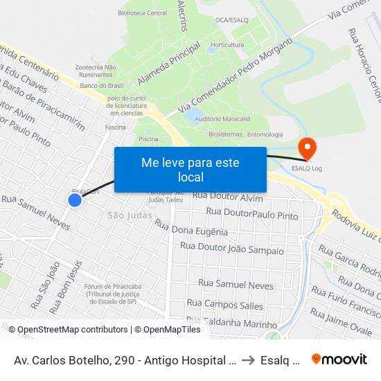 Av. Carlos Botelho, 290 - Antigo Hospital Unimed to Esalq Log map