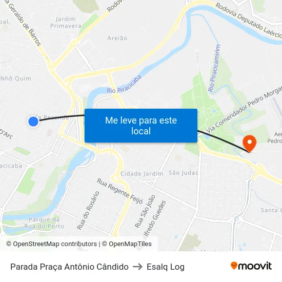 Parada Praça Antônio Cândido to Esalq Log map