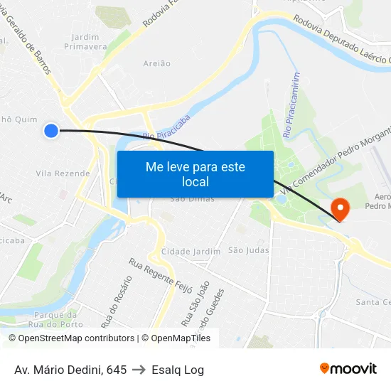 Av. Mário Dedini, 645 to Esalq Log map