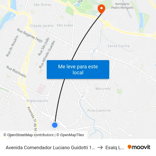 Avenida Comendador Luciano Guidotti 1001 to Esalq Log map