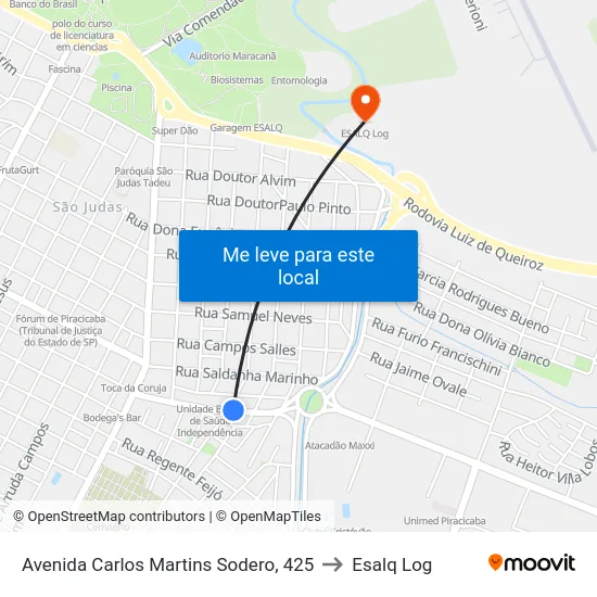 Avenida Carlos Martins Sodero, 425 to Esalq Log map
