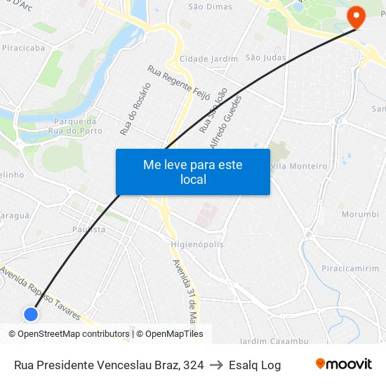 Rua Presidente Venceslau Braz, 324 to Esalq Log map