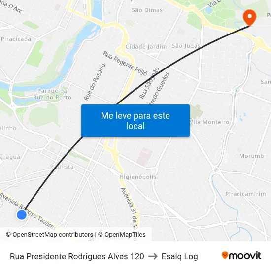 Rua Presidente Rodrigues Alves 120 to Esalq Log map