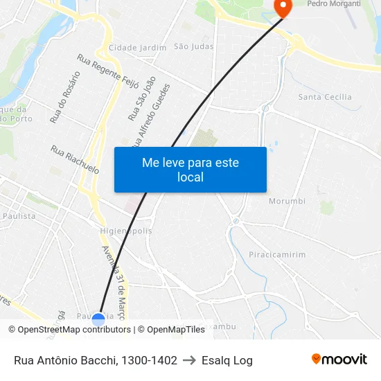 Rua Antônio Bacchi, 1300-1402 to Esalq Log map