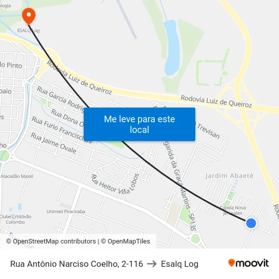 Rua Antônio Narciso Coelho, 2-116 to Esalq Log map
