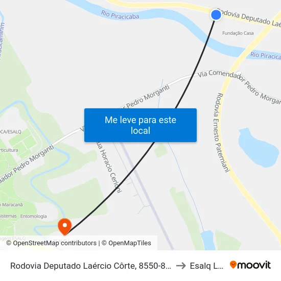 Rodovia Deputado Laércio Côrte, 8550-8994 to Esalq Log map