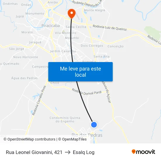 Rua Leonel Giovanini, 421 to Esalq Log map