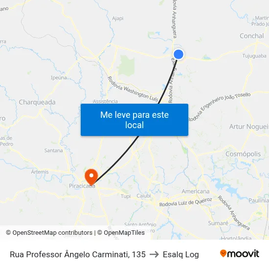 Rua Professor Ângelo Carminati, 135 to Esalq Log map
