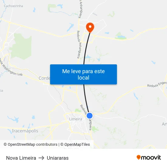 Nova Limeira to Uniararas map