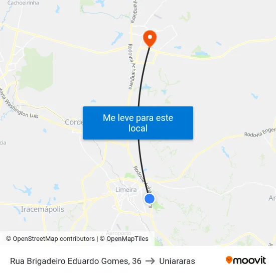 Rua Brigadeiro Eduardo Gomes, 36 to Uniararas map