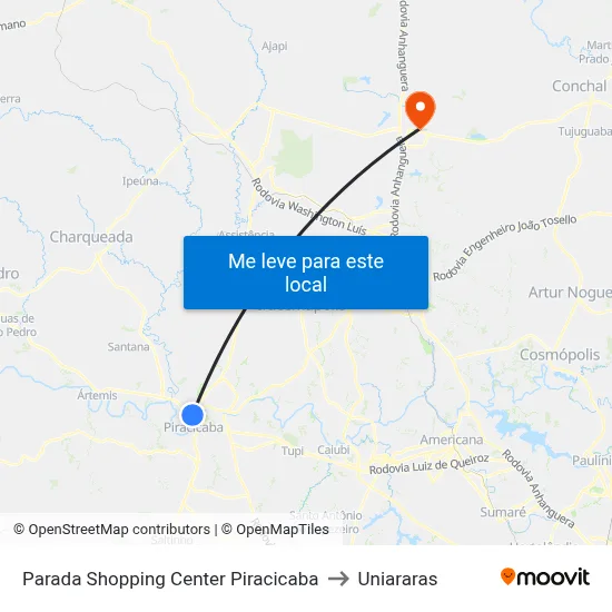 Parada Shopping Center Piracicaba to Uniararas map