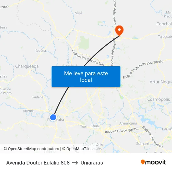 Avenida Doutor Eulálio 808 to Uniararas map