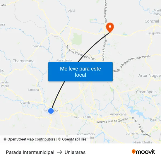 Parada Intermunicipal to Uniararas map