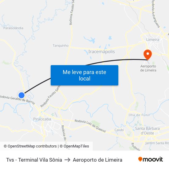 Tvs - Terminal Vila Sônia to Aeroporto de Limeira map