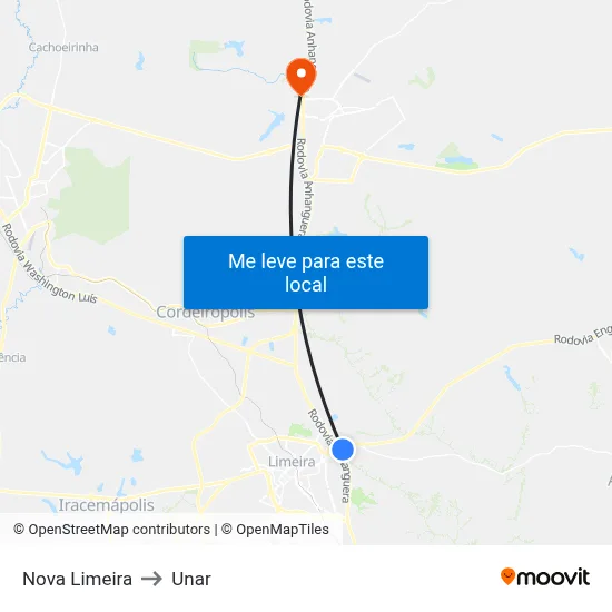 Nova Limeira to Unar map