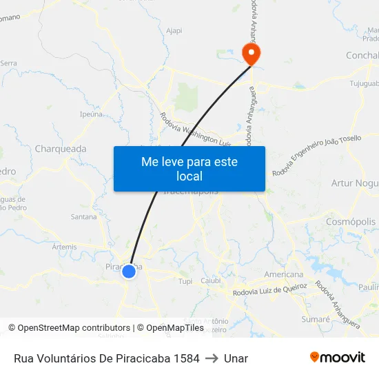 Rua Voluntários De Piracicaba 1584 to Unar map