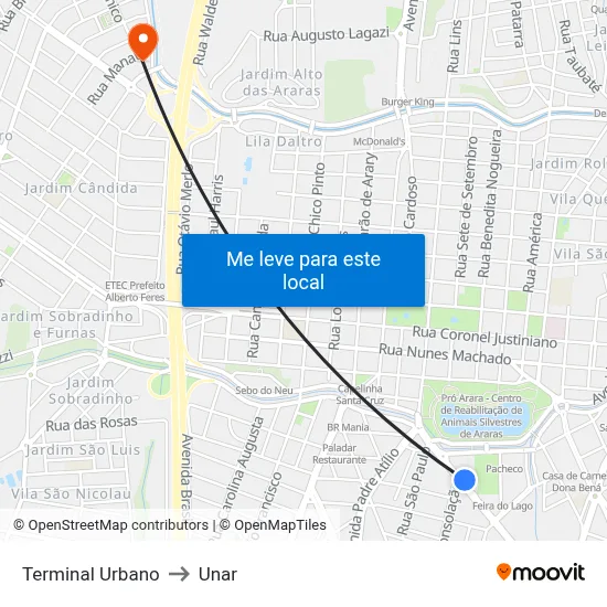 Terminal Urbano to Unar map