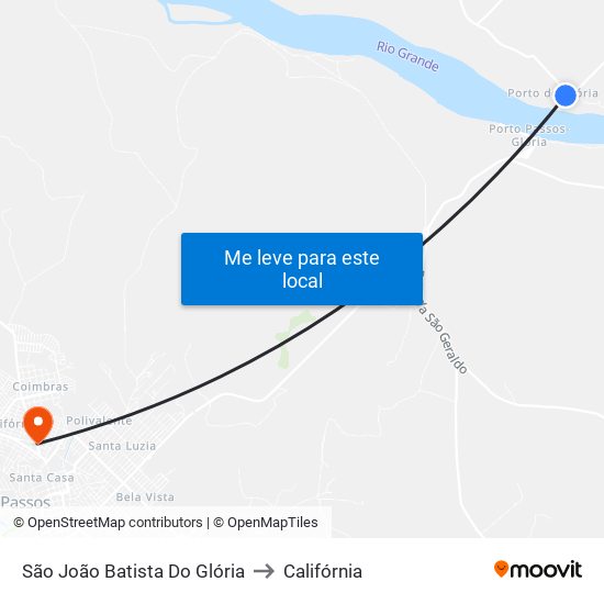São João Batista Do Glória to Califórnia map