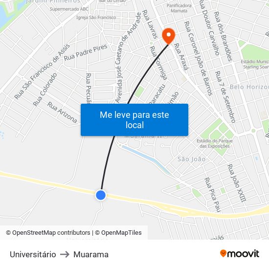 Universitário to Muarama map