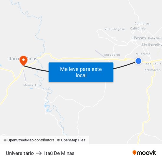 Universitário to Itaú De Minas map