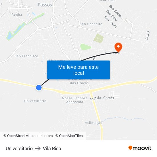 Universitário to Vila Rica map