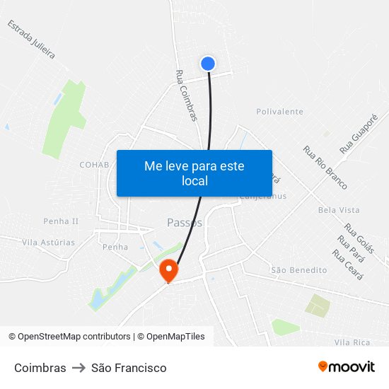 Coimbras to São Francisco map
