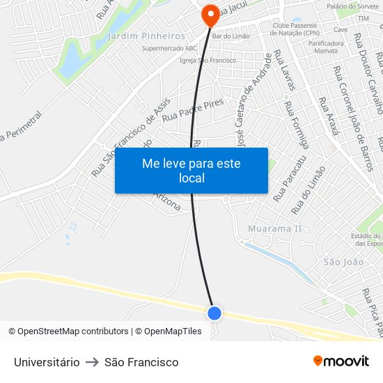 Universitário to São Francisco map