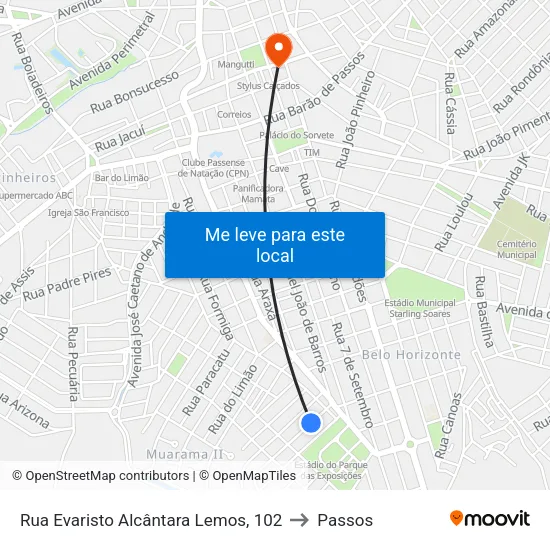 Rua Evaristo Alcântara Lemos, 102 to Passos map