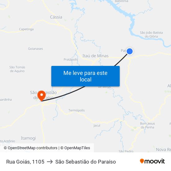 Rua Goiás, 1105 to São Sebastião do Paraíso map