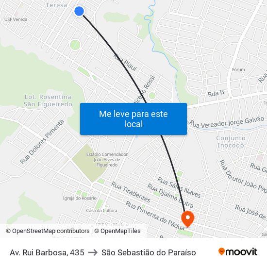 Av. Rui Barbosa, 435 to São Sebastião do Paraíso map