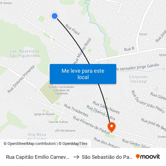 Rua Capitão Emílio Carnevale, 70 to São Sebastião do Paraíso map
